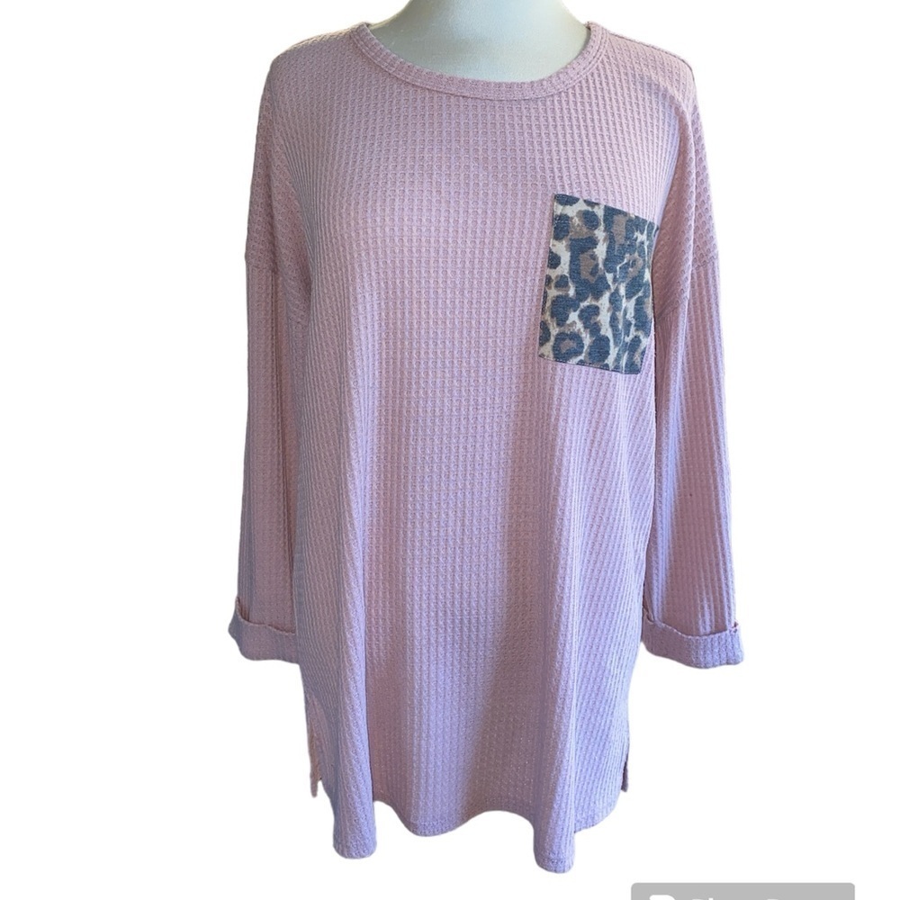 First Love shirt waffle look long sleeve crewneck animal print pocket Sz large